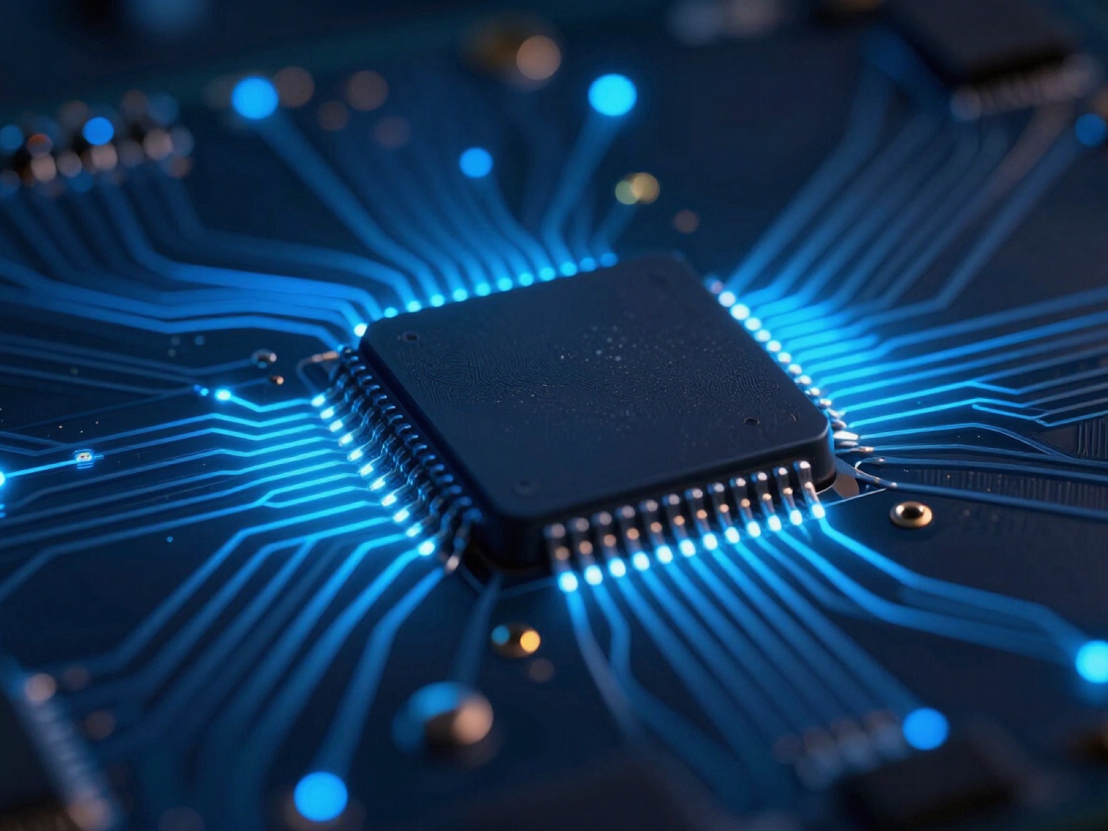 Tweezers resting beside a small component on a matte black circuit board