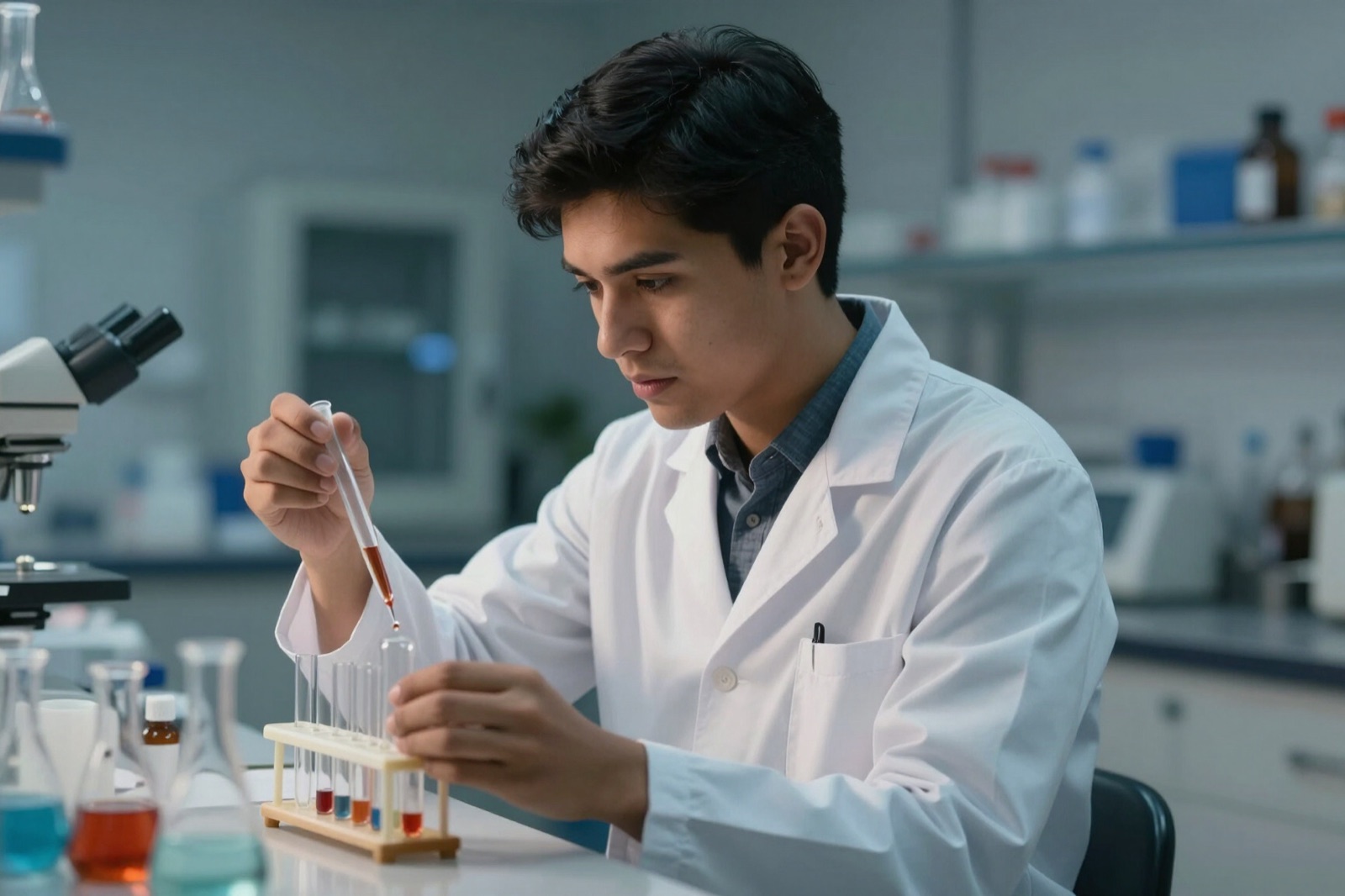 A micropipette on its stand beside a clear well plate on a white bench by a window